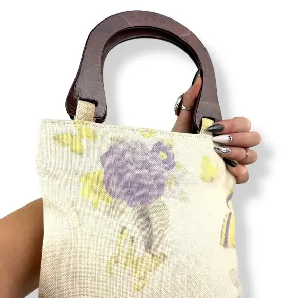 90's woven linen butterfly floral wood handle bag by FASHION EXPRESS ORIGINAL - Picture 6 of 16